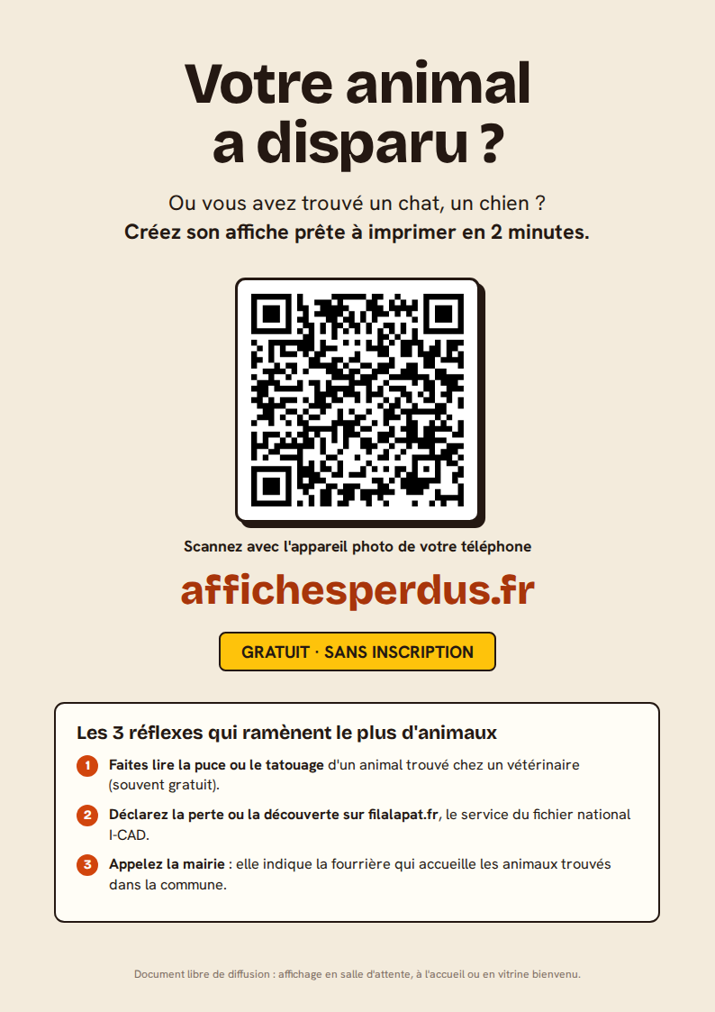 Affiche A4 « Votre animal a disparu ? » avec QR code