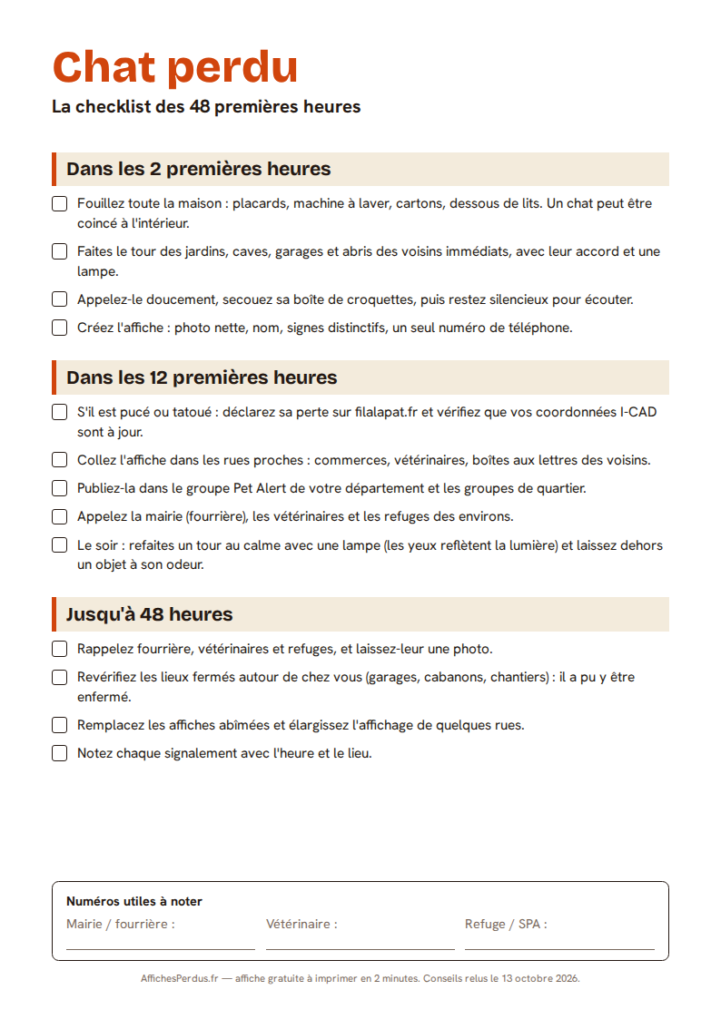 Checklist chat perdu, 48 premières heures